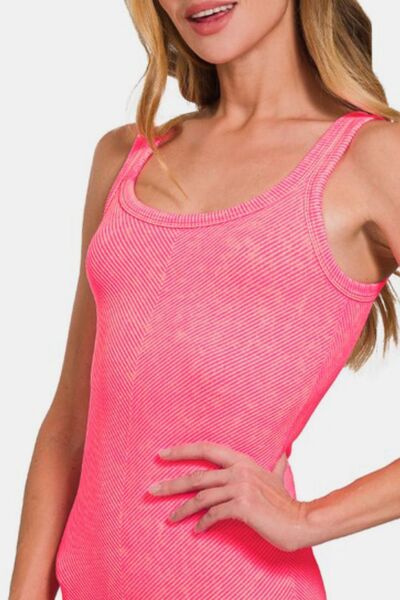 Jade Icarus Zenana ribbed scoop neck tank top for women, close-up of beige sleeveless ribbed fabric and scoop neckline.