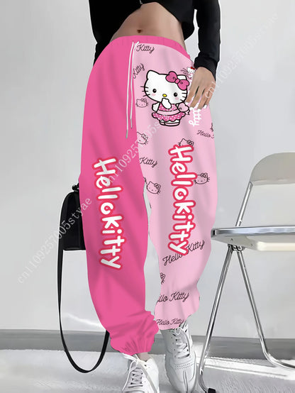 Hot pink and light pink Hello Kitty cartoon long pants with polka-dot bow print and split-color design, for ladies by Start2Finish.