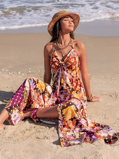 Printed slit halter neck cami dress for women by Ruby Styx, featuring a stylish design and flowy fabric.