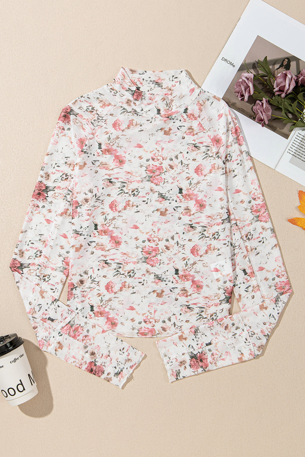Pink floral long sleeve high neck sheath mesh top by Carmine Juneberry, featuring a fitted design with floral patterns.
