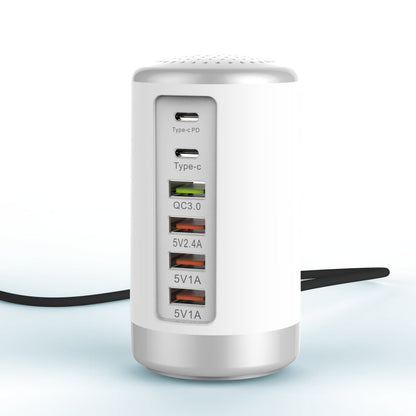 Maroon Asteria 6-port cylindrical adapter for mobile and laptops, 65W high-power fast charging with multiple USB ports