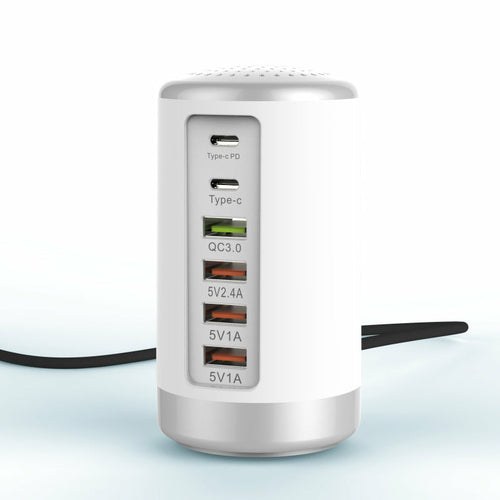 Maroon Asteria 6-port cylindrical adapter with 65W fast charging for mobile phones and laptops, compact high-power accessory.