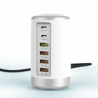 Maroon Asteria 6-port cylindrical adapter with 65W fast charging for mobile phones and laptops, compact high-power accessory.