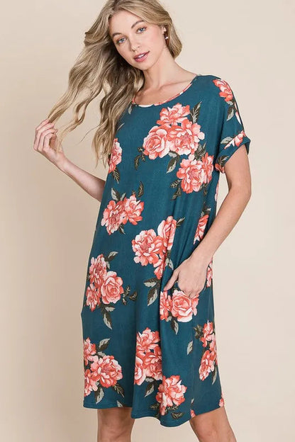 Jade Icarus BOMBOM floral round neck short tee dress with pockets, featuring vibrant floral print and a casual fit.
