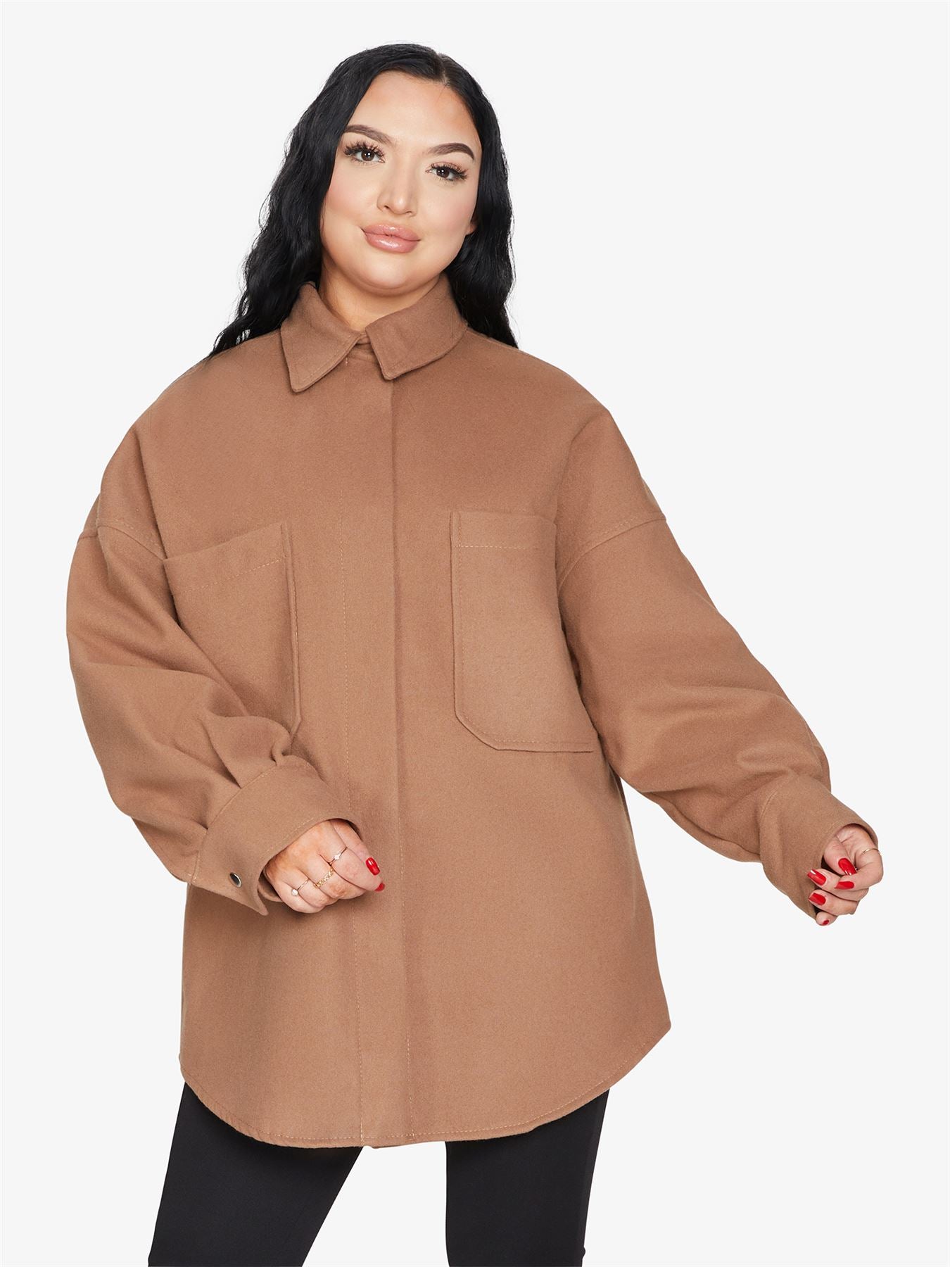 Rose Eleusis oversized patch pocket shacket, a stylish jacket with large patch pockets, casual and comfortable for everyday wear.