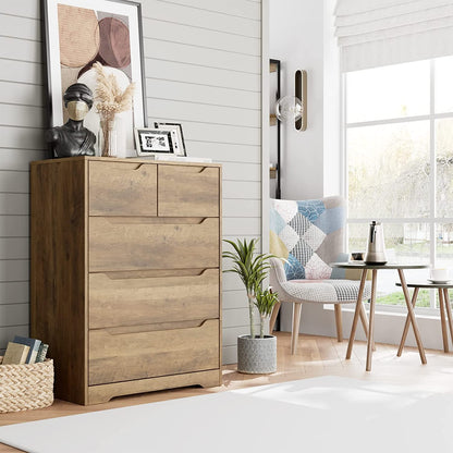 Rustic brown 5-drawer dresser by Peach Maple, showing bedroom furniture with wood grain finish and sturdy drawer handles.
