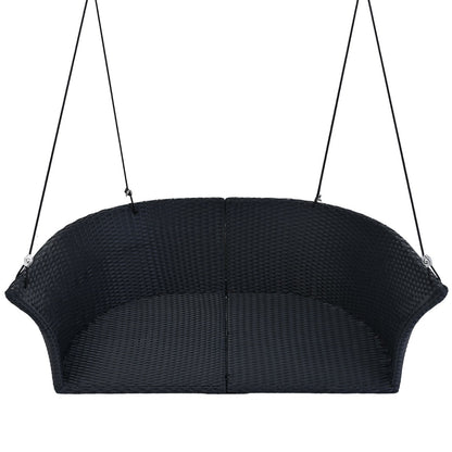 Black wicker hanging rattan porch swing for 2 by Carmine Juneberry, designed for outdoor garden seating.