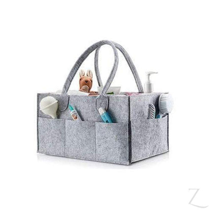 Grey felt nappy organizer caddy with multiple compartments, ideal for organizing baby essentials in a stylish, functional way.