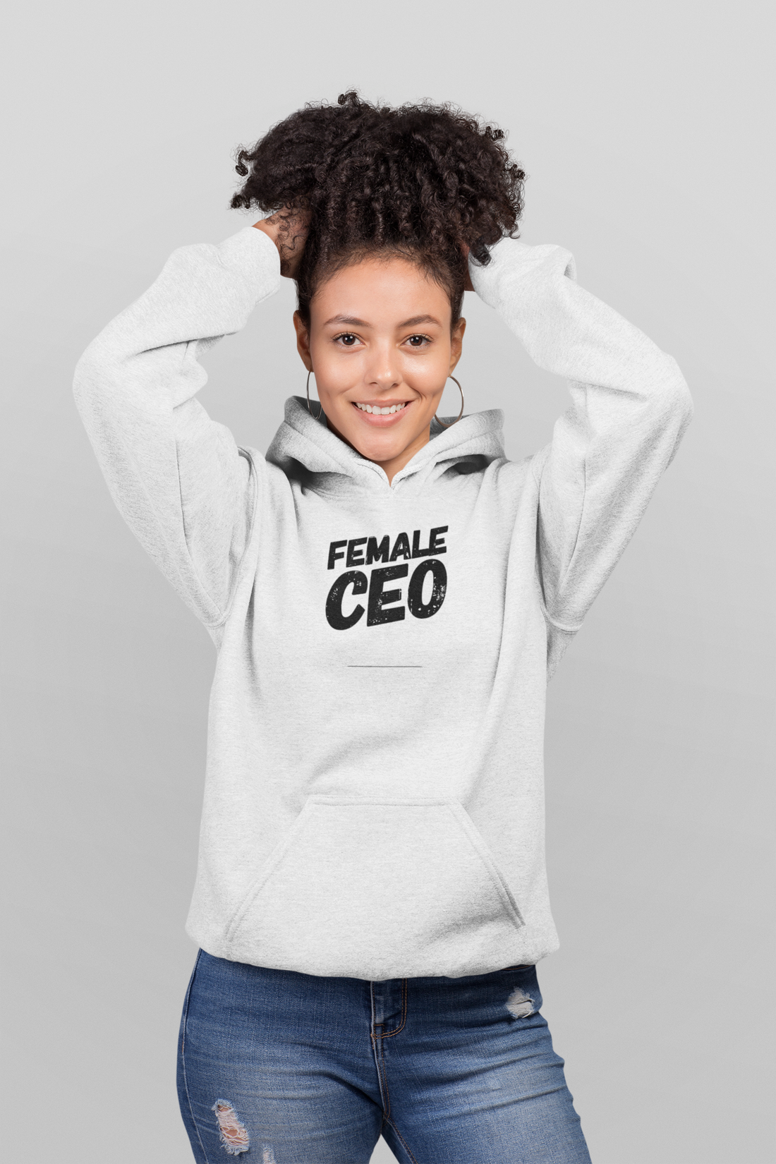 Female model wearing a black female CEO hoodie by Scorpius, a pull-over hoodie from the Sweaters &amp; Hoodies collection.
