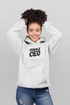 Female model wearing a black female CEO hoodie by Scorpius, a pull-over hoodie from the Sweaters & Hoodies collection.
