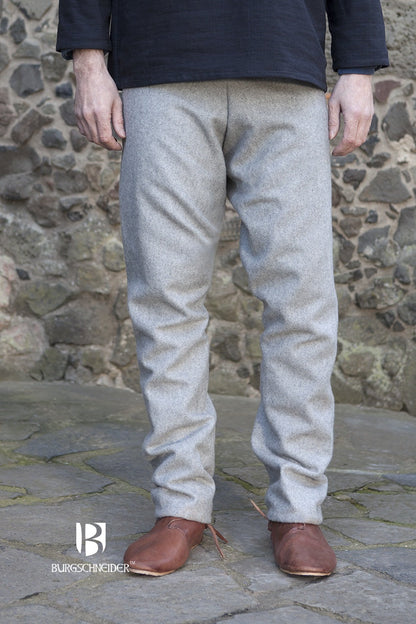 Azure Briseis Wool Thorsberg Pants in Fenris Grey, showcasing the stylish, comfortable festival and party wear with detailed fabric texture.