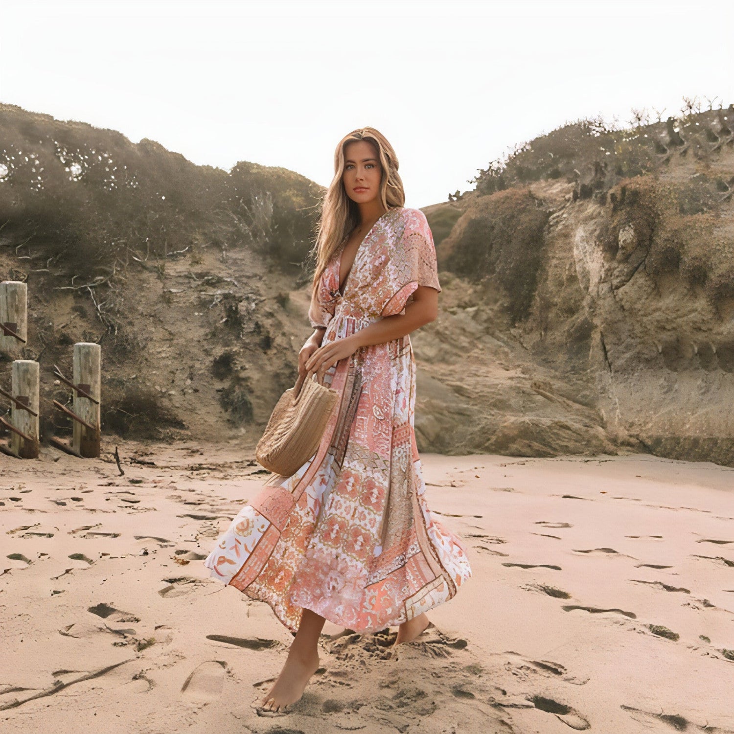 Women’s spring printed dress by Carmine Juneberry featuring a stylish, floral design and lightweight fabric.