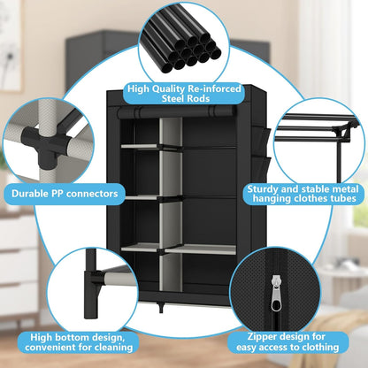 Black portable closet organizer by Peach Maple with 6 shelves and a hanging rod, ideal for compact storage and wardrobe organization.