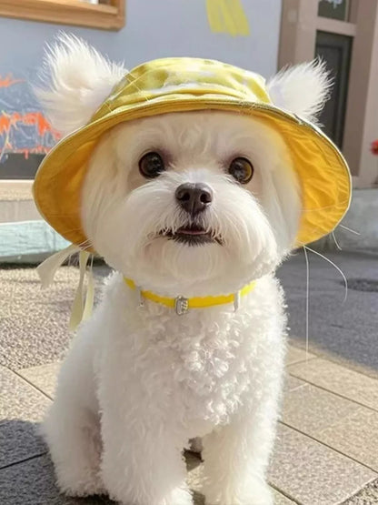 Pear Daisy pet bucket hat with wide brim, made of soft fabric, perfect for outdoor protection and stylish pet accessories.