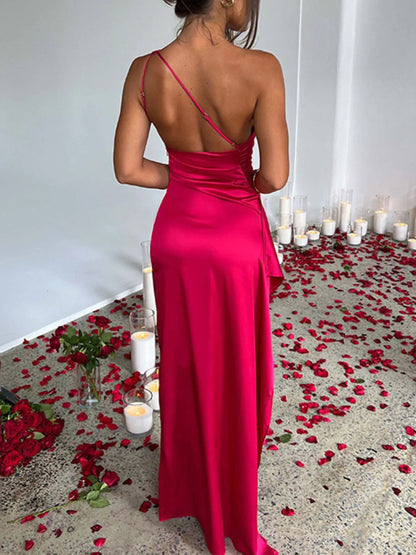 Jade Iapetus one shoulder satin dress with high slit, elegant evening gown featuring a sleek, shiny fabric and asymmetric design.