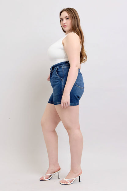 Judy Blue plus size denim shorts with double button waistband, featuring classic blue denim and casual fit, ideal for warm weather.