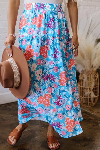 Floral high waist side split wrap maxi skirt by Byzantium Bay, flowing fabric with vibrant floral pattern, perfect for stylish summer wear.