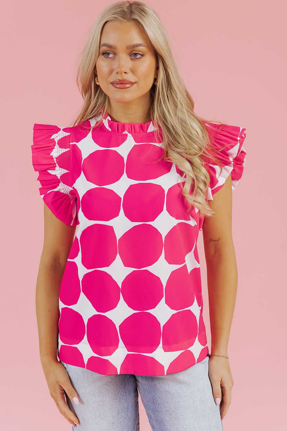 Carmine Juneberry rose bubblegum pattern frilled collar top with flutter sleeves, stylish blouse for casual or dressy wear.