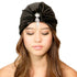 Fiona wearing Cyan Ismene Cascading Crystals Turban hat with layered crystal embellishments and elegant fabric design.