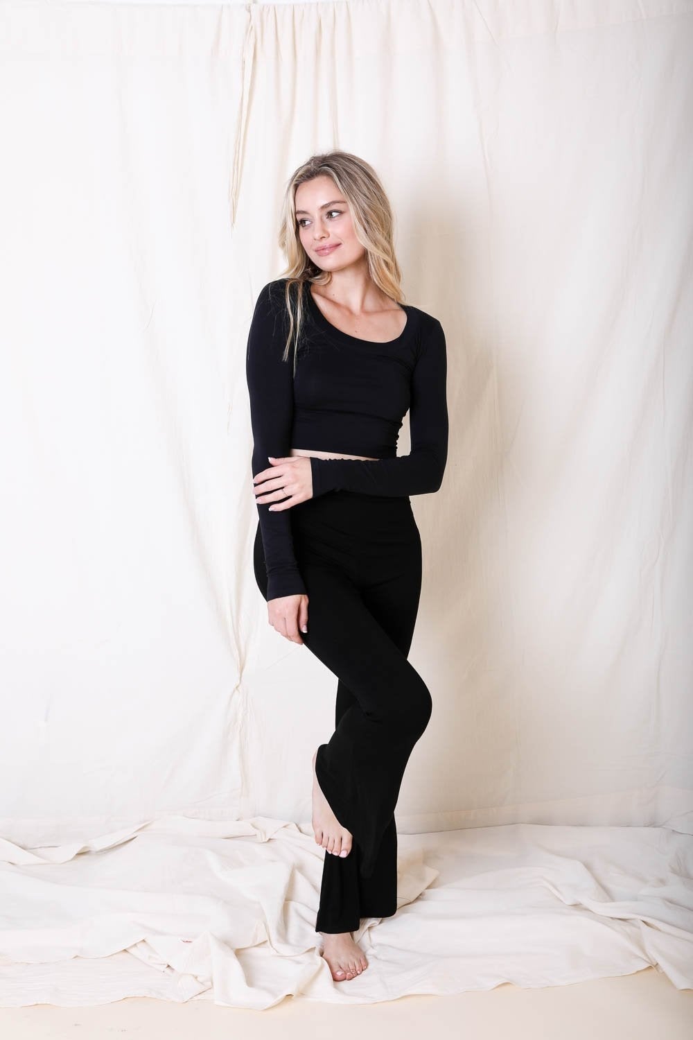 Periwinkle Aether flared lounge pants from the Leto Collection, soft fabric with a relaxed fit and stylish flare.