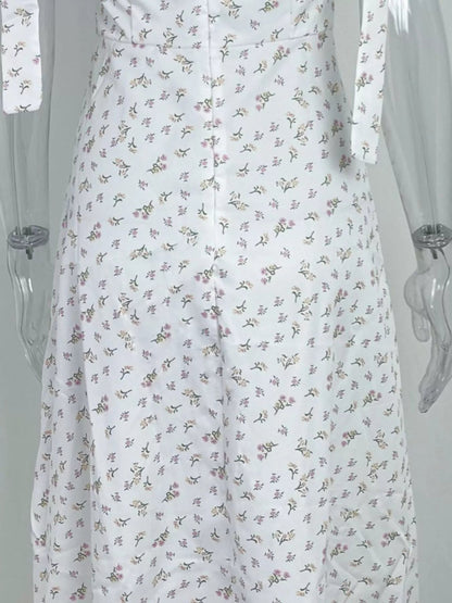 Taupe Gaia floral print tie shoulder slit midi dress for women, featuring a stylish floral pattern and elegant design.