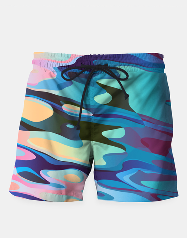 Sky Felix Fluid Sugar swim shorts featuring a colorful, flowing design, displayed on a neutral background.