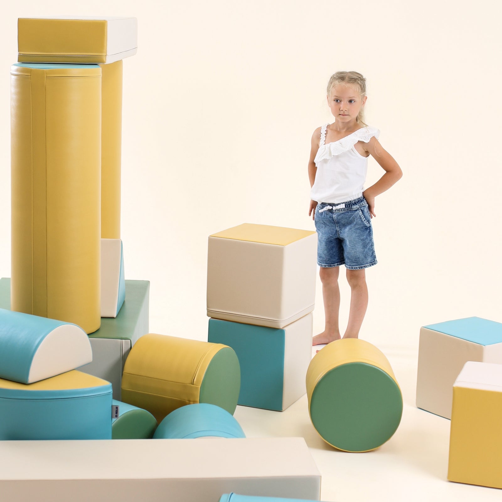 Blue Mega Fort soft play furniture by Blush Apricot, showcasing a cozy, cushioned fortress for kids&