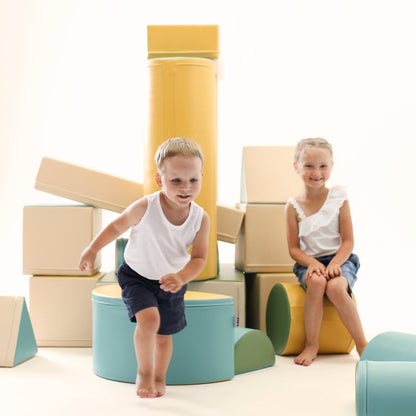 Blue soft play fortress from Blush Apricot Mega Fort furniture, featuring a sturdy structure for kids&