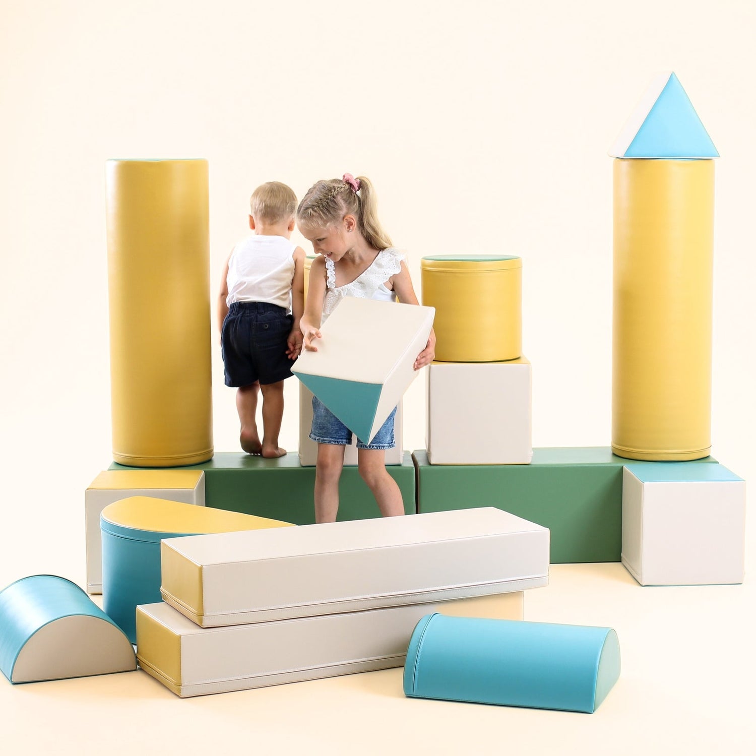 Blush Apricot Mega Fort furniture in blue with soft play materials, designed for kids&