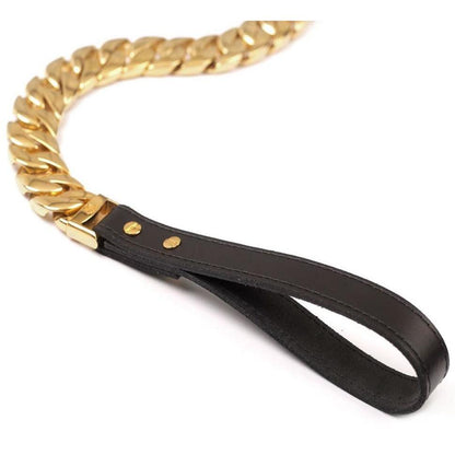 Almandine Kilo Cuban Link pet leash with durable metal chain and leather handle for secure and stylish pet walking.