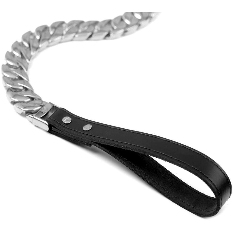 Almandine Caesar Cuban Link pet leash with durable metal chain and leather handle for stylish and secure dog walking.