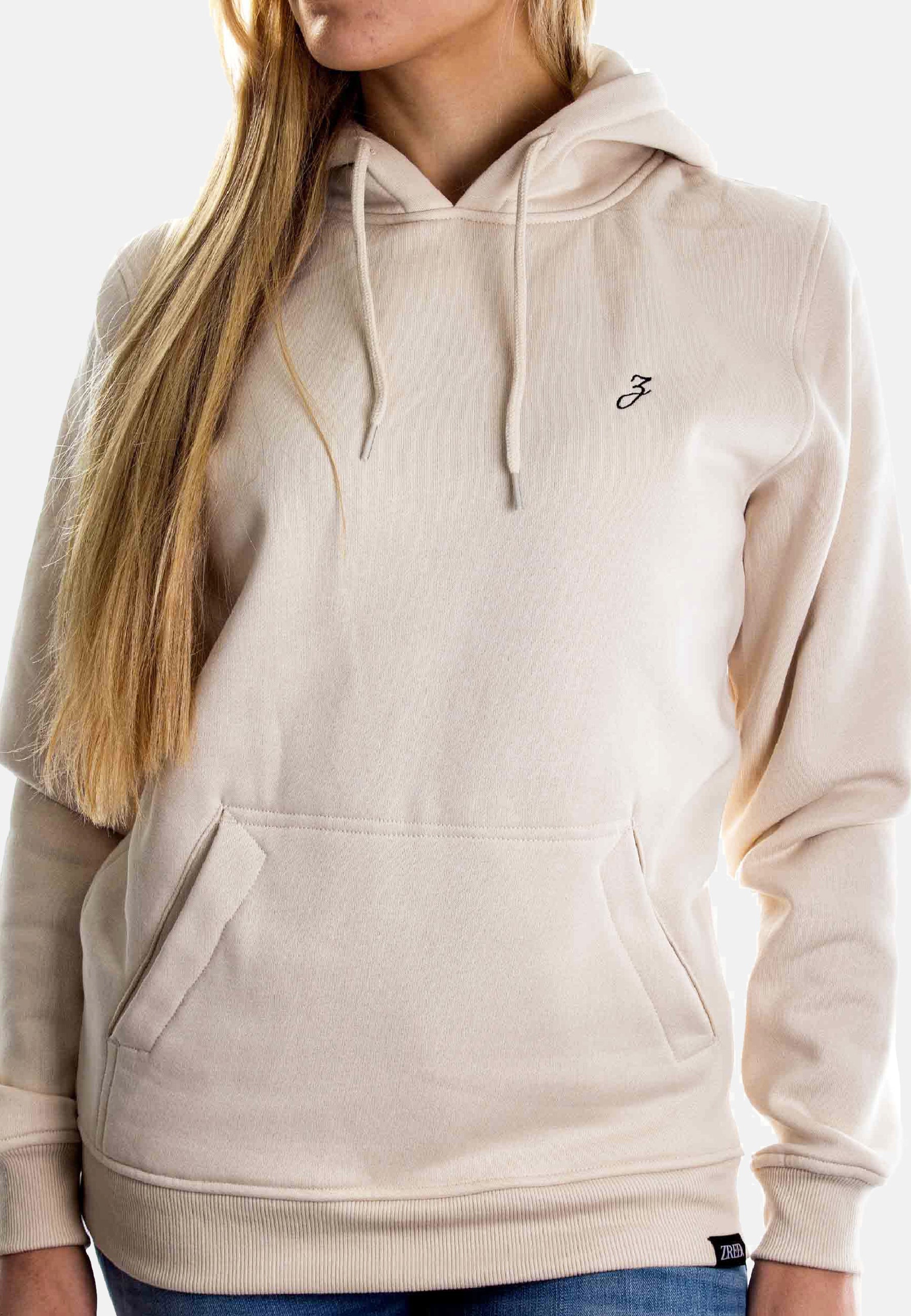 Sand-colored HIGH STD hoodie for women by Pear Juniper, featuring a front view of the casual women&