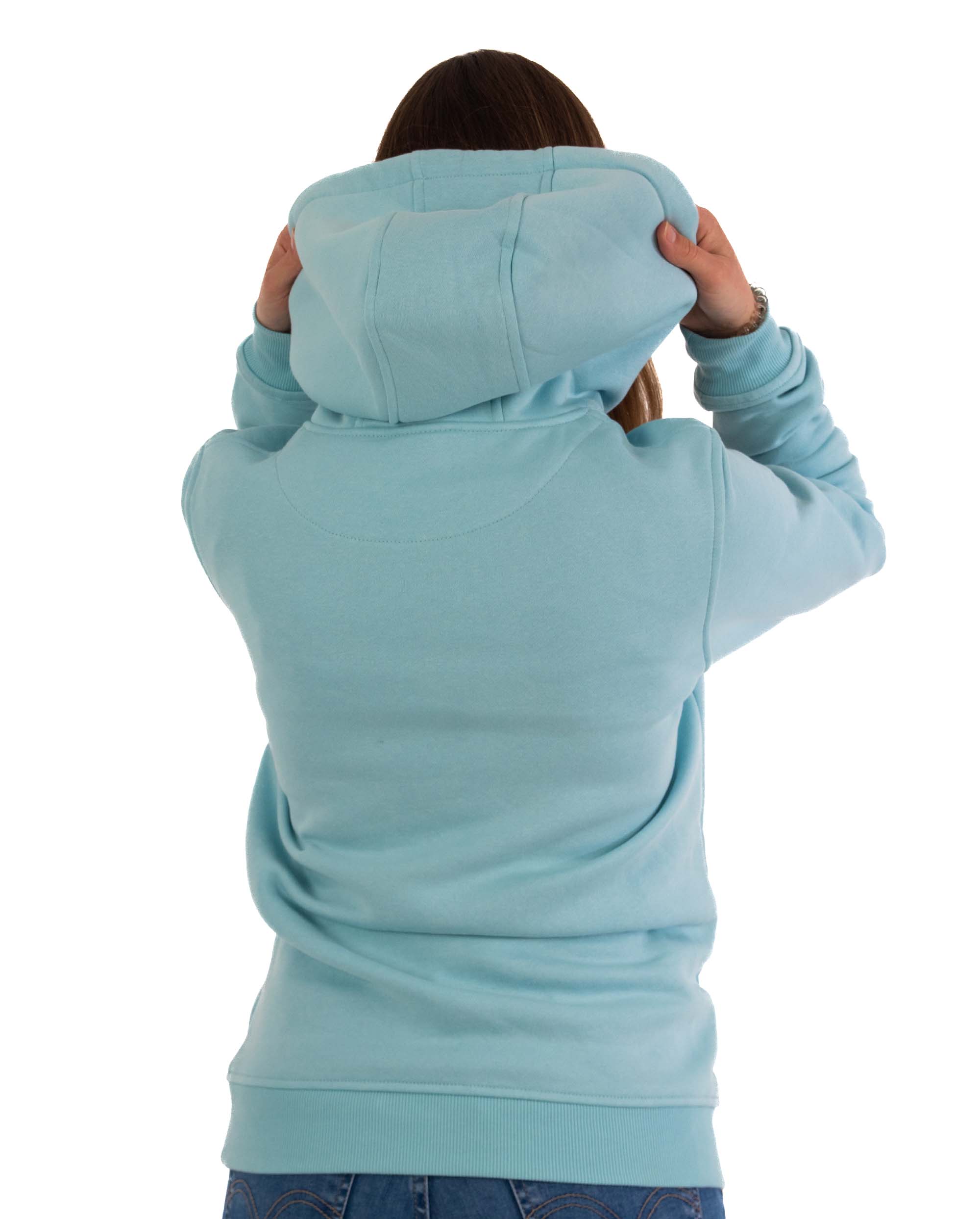 Pear Juniper HIGH STD hoodie for women in baby blue, showing the back view of the casual, comfortable blue hoodie.
