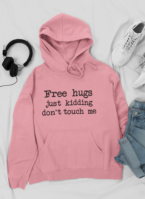 Mauve hoodie by Jade Thalassa with "Free Hugs" printed design, casual hoodie style with front pocket and drawstrings.