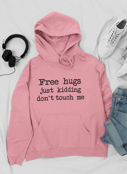 Mauve hoodie by Jade Thalassa with "Free Hugs" printed design, casual hoodie style with front pocket and drawstrings.
