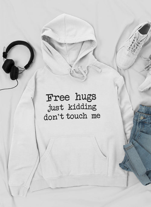 White Free Hugs hoodie by Jade Thalassa featuring a cozy design and the "Free Hugs" message on the front.