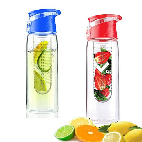 Salmon Lucky Fruit Cola Bottle, a novelty fruit infuser drink bottle with a colorful design for infused fruit flavors.
