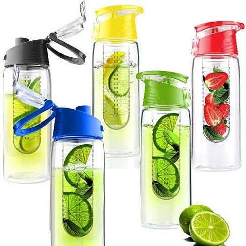 Salmon Lucky Fruit Cola Bottle, a novelty fruit infuser drink bottle with colorful design and transparent body showing fruit infuser.