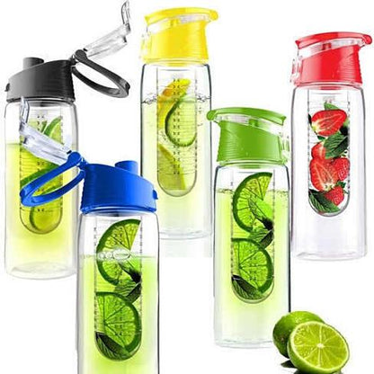 Salmon Lucky Fruit Cola Bottle, a novelty fruit infuser drink bottle with colorful design and transparent body showing fruit infuser.