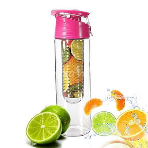Salmon Lucky Fruit Cola Bottle, a novelty fruit infuser drink bottle with colorful design and built-in infuser for fruit flavors.