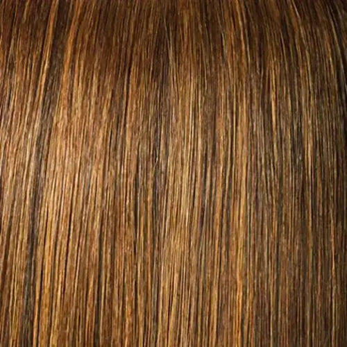 Peach Clymene Leslie angled razor cut bob wig with HD lace and invisible side part, straight and smooth brown hair, close-up view