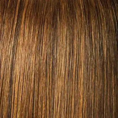Peach Clymene Leslie angled razor cut bob wig with HD lace and invisible side part, straight and smooth brown hair, close-up view