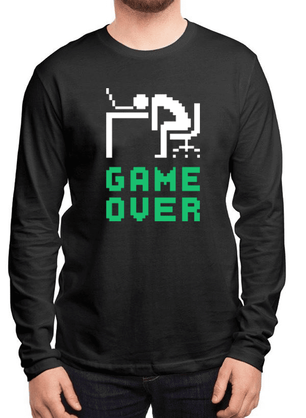 Scorpius Game Over full sleeves T-shirt with graphic design, black fabric, casual style, ideal for gaming enthusiasts.