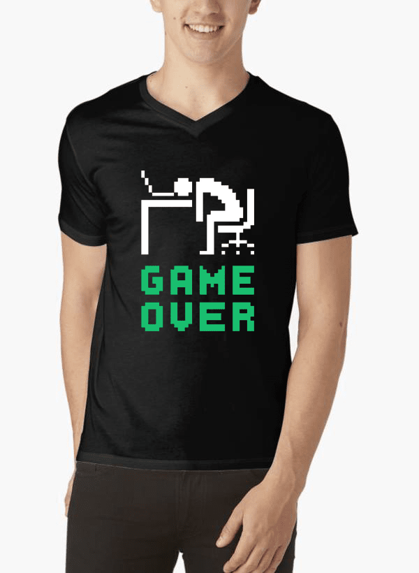 Scorpius Game Over V-Neck T-shirt featuring bold graphic design on black cotton fabric.