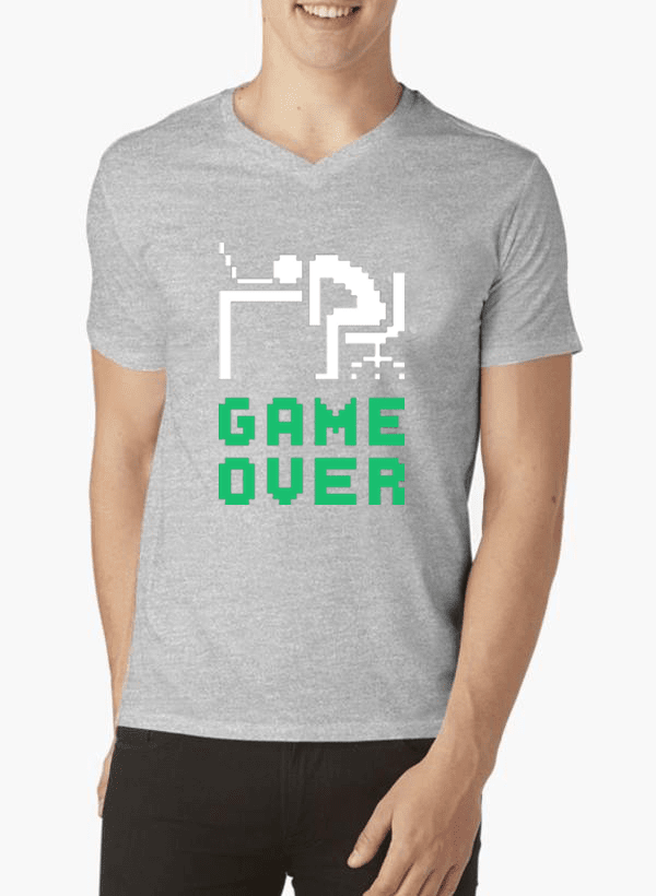 Scorpius Game Over V-Neck T-shirt featuring a bold graphic design on a black cotton T-shirt.