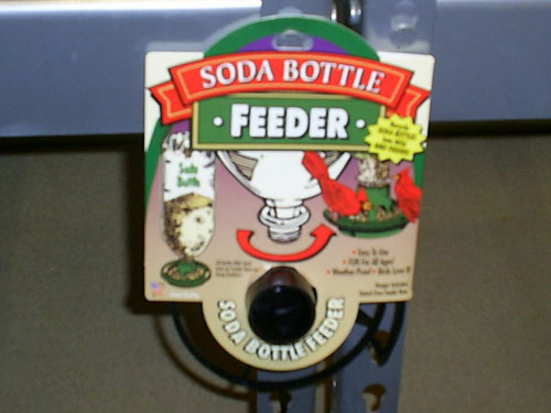 Rose Chloe Gadjit WP1 soda bottle bird feeder for pet birds, with clear plastic design and feeding spout for easy access.