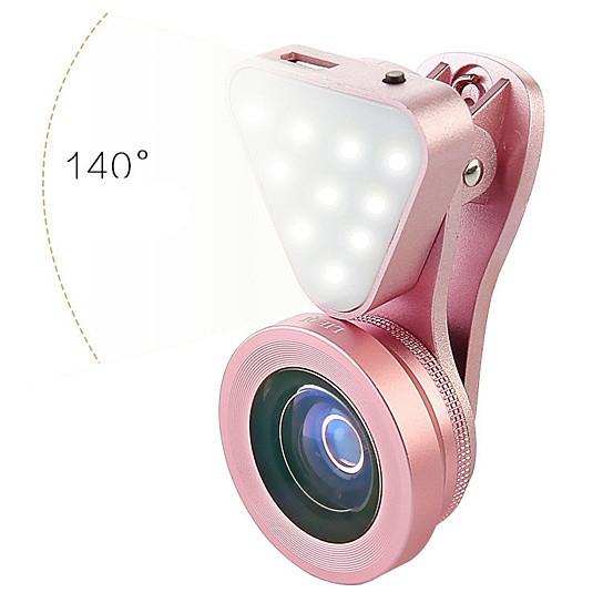 Salmon Lucky Glow Face 3-in-1 photo lens and fill lighting clip, tech accessory for smartphone selfies and photography.