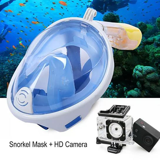 Salmon Lucky full face snorkel mask with adjustable straps and clear lens for underwater swimming and snorkeling.