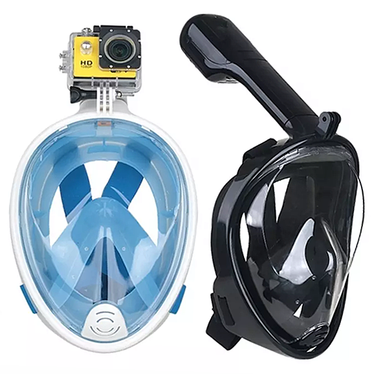 Salmon Lucky full face snorkel mask with clear lens, adjustable straps, and integrated snorkel for comfortable underwater breathing.