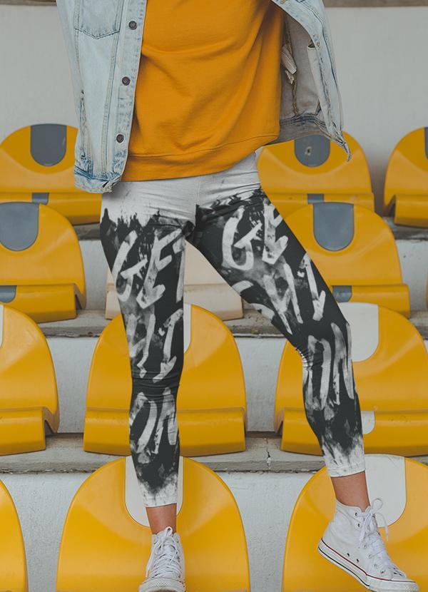 Sky Felix Get Shit Done Legging featuring bold text design, shown laid flat with black fabric and comfortable stretch material.